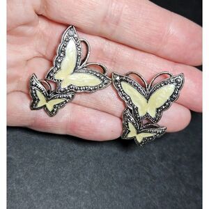 Silver Tone Avon Shimmery Cream Enamel Butterfly Earrings Vintage
